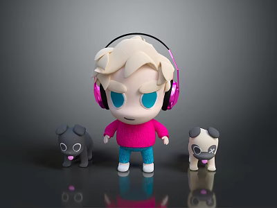 Cartoon Character Wearing Pink Headphones With Blonde Hair And Two Puppies Black Light Brown 3d model