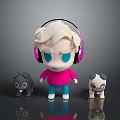 Cartoon Character Wearing Pink Headphones With Blonde Hair And Two Puppies Black Light Brown