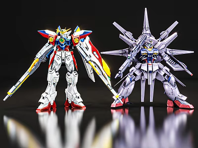 Colorful And Silver Gundam Model Figures With Detailed Armor And Multiple Wings 3d model