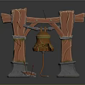 Wooden Pillar Frame Structure With Hanging Golden Bell And Mallet