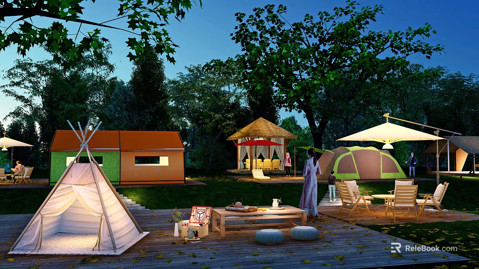 Garden Landscape With Outdoor Tents Gazebo Night Lighting And Wooden Deck Seating 3d model 