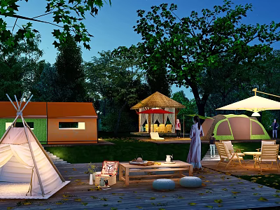 Garden Landscape With Outdoor Tents Gazebo Night Lighting And Wooden Deck Seating 3d model