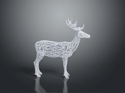 White Wireframe Deer Sculpture Standing On Dark Background With Reflection 3d model