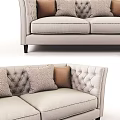 Beige Fabric Two Seater Sofa With Tufted Backrest Throw Pillows And Armrests 3d model