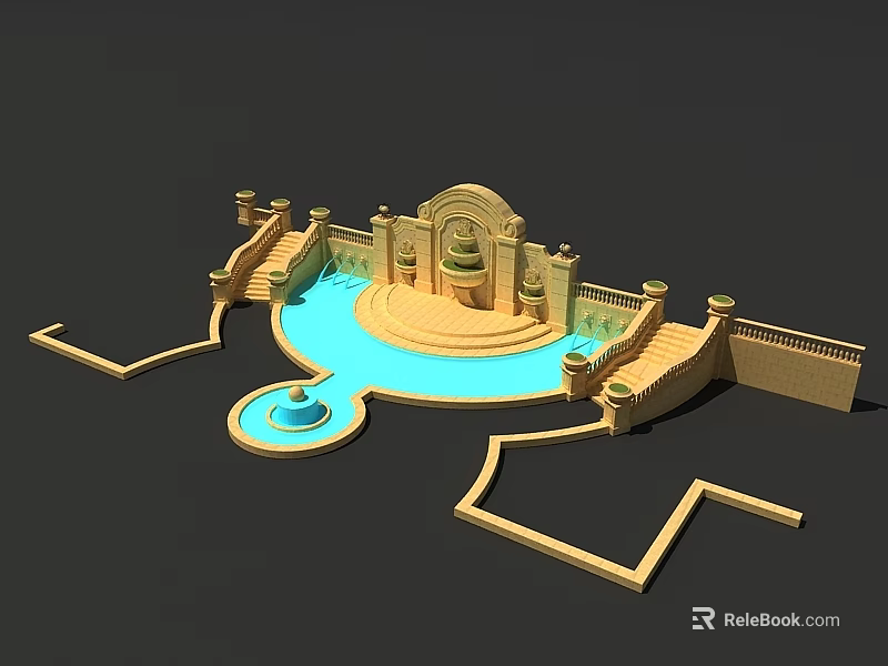 Elegant Garden Ornament Design With Circular Pool Fountain And Decorative Steps 3d model 