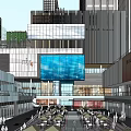 Modern Commercial Complex Red Facade With NIKE Logo And Pedestrians Near High Rise Buildings