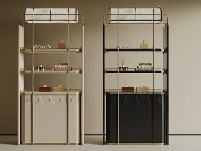 Beige And Black Entryway Side Cabinet With Metal Frame Multi Layer Shelves And Decorative Items 3d model