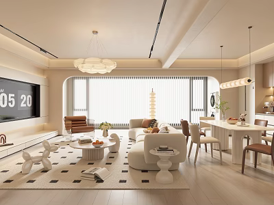 Modern Living Dining Room Interior With TV Sofa Coffee Table Dining Table And Chandelier 3d model