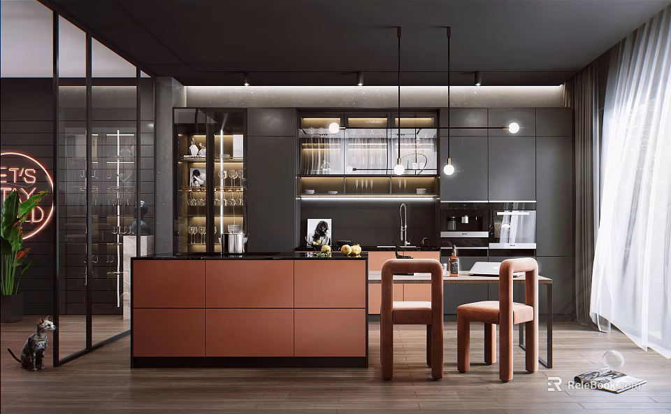 Modern Kitchen Interior With Brown Island Counter Dining Chairs Hanging Lights And Dark Tones 3d model 