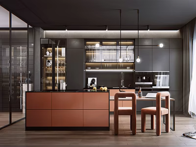 Modern Kitchen Interior With Brown Island Counter Dining Chairs Hanging Lights And Dark Tones 3d model