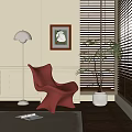 Red Leisure Chair In Room With Floor Lamp Plant And Blinds