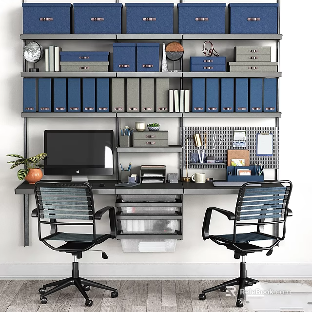 Practical Home Office Desk With Two Chairs Bookcase Storage And Computer Supplies 3d model