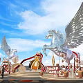 Art Installation Featuring Pegasus Statues With Large Wings Decorative Steps And Traditional Lanterns
