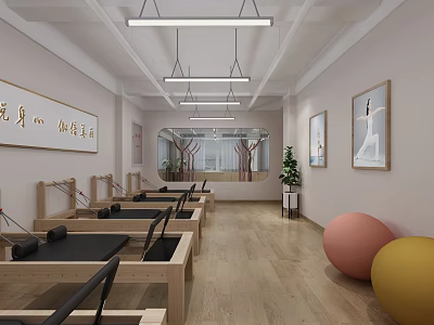 Bright Pilates Fitness Studio With Wooden Floor Reformers Mirrors And Colored Exercise Balls 3d model