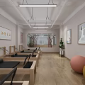 Bright Pilates Fitness Studio With Wooden Floor Reformers Mirrors And Colored Exercise Balls