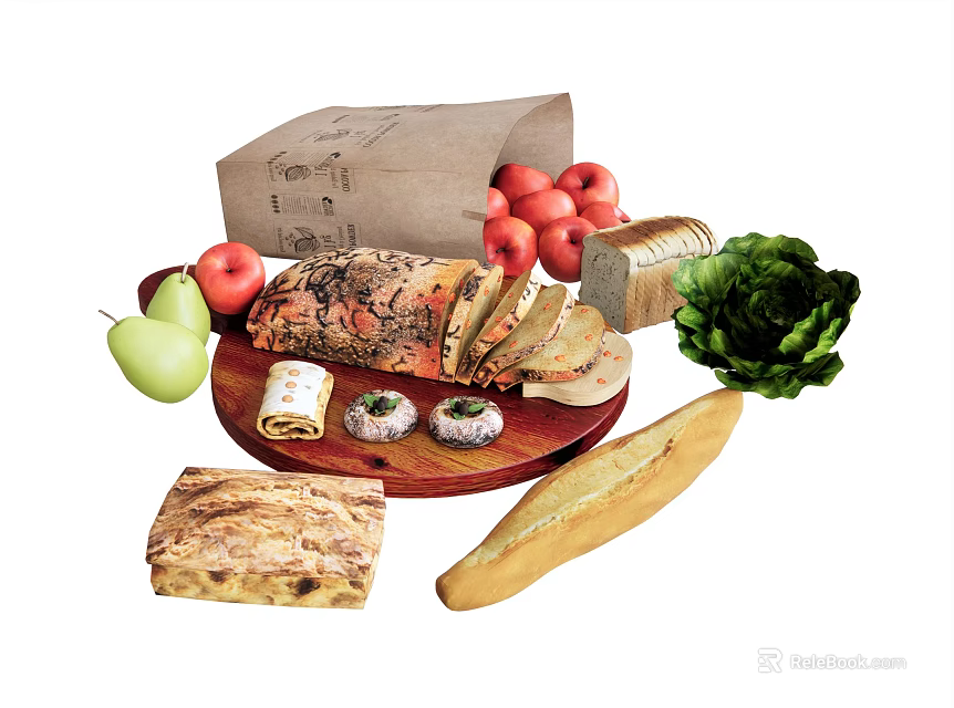 Fresh Assorted Food Collection With Bread Apples Pears Cheese Pastry And Lettuce 3d model 