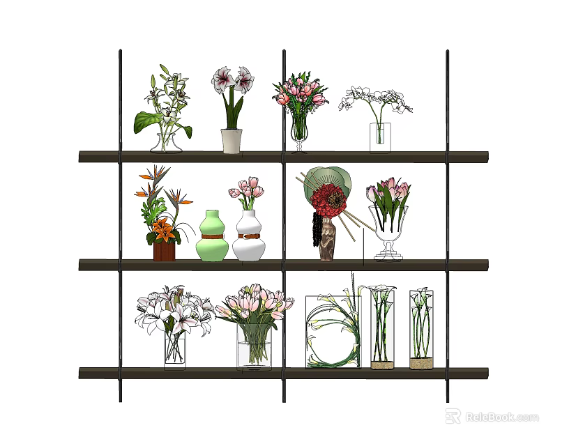 Various Flowers In Decorative Vases Arranged On Multi Tiered Shelf 3d model