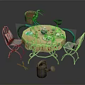 Outdoor Garden Table With Yellow Floral Tablecloth Chairs Plants Plates Blue Bicycle And Gardening Tools
