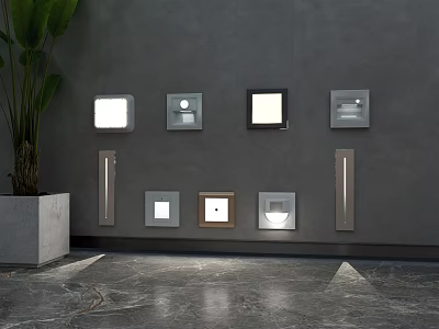 Contemporary Wall Light Fixtures Various Shapes Sizes on Gray Wall with Green Plant Marble Floor 3d model