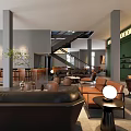 Modern Clubhouse Interior With Black Wall Shelves Decorative Items Dark Flooring Sofa And Round Lamp
