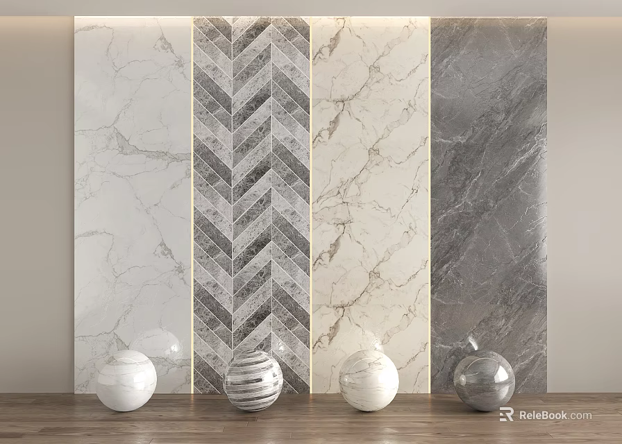Modern Marble Accent Wall With Herringbone Pattern White Grey Textures And Decorative Spheres 3d model