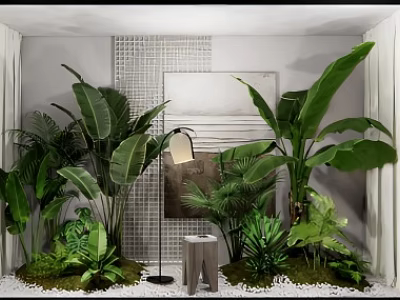 Diverse Indoor Plant Combination With Large Leafy Greenery Floor Lamp And Decorative Stones 3d model