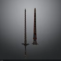 Ornate Decorative Swords With Intricate Patterns And Red Embellished Scabbard