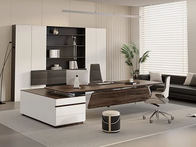 Modern Office Interior With Wooden Desk Ergonomic Chair Sofa Potted Plant And Window Blinds 3d model