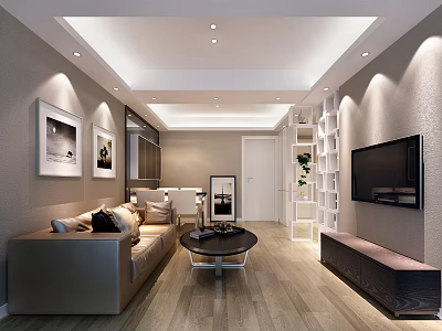 Modern Living Room Interior Design With Beige Sofa Coffee Table TV And White Shelves 3d model