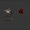 Vintage Chair With Metal Lantern Red Mechanical Device Pancake And Long Tool