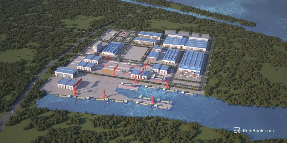 Birds Eye View Planning of Industrial Zone With Warehouses Docks And River Surrounded By Trees 3d model 