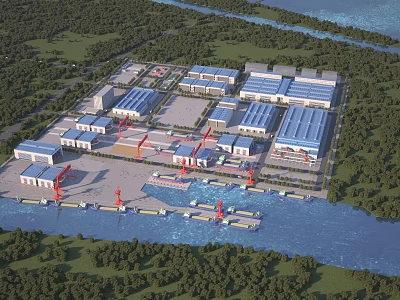 Birds Eye View Planning of Industrial Zone With Warehouses Docks And River Surrounded By Trees 3d model