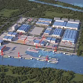 Birds Eye View Planning of Industrial Zone With Warehouses Docks And River Surrounded By Trees