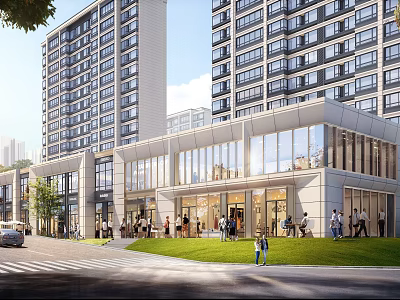 Modern Commercial Street With High Rise Buildings Glass Facades And Pedestrian Lawn Areas 3d model