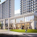 Modern Commercial Street With High Rise Buildings Glass Facades And Pedestrian Lawn Areas