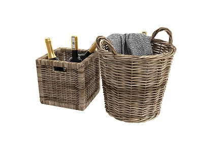 Wicker Storage Baskets with Wine Bottles and Soft Blanket for Home Storage 3d model