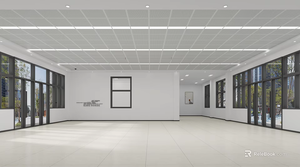 Spacious School Corridor With White Walls Large Windows Tile Floor And Ceiling Light Strips 3d model 