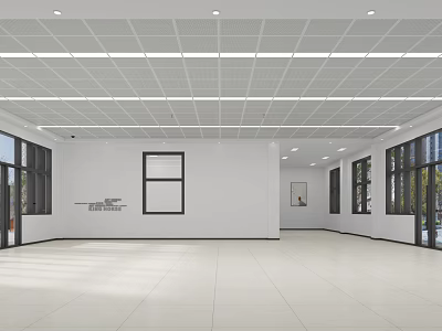 Spacious School Corridor With White Walls Large Windows Tile Floor And Ceiling Light Strips 3d model