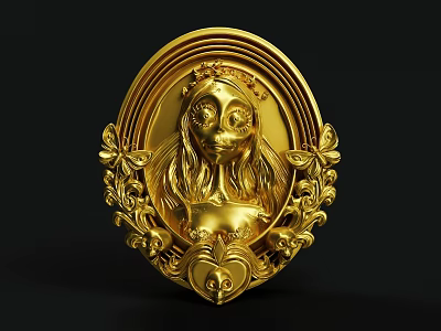 Golden Vintage Decorative Ornament Set With Oval Frame Female Head Sculpture And Intricate Floral Patterns 3d model
