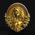Golden Vintage Decorative Ornament Set With Oval Frame Female Head Sculpture And Intricate Floral Patterns