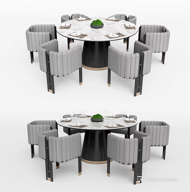 Modern Dining Table Set With Marble Tabletop And Upholstered Gray Chairs 3d model