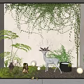 Courtyard Garden With White Walls Climbing Vines Ferns Deer Statue Glowing Spheres And Pebble Ground