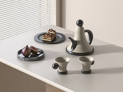 Minimalist Tea Set With Teapot Teacups Figs And Cake On Table 3d model