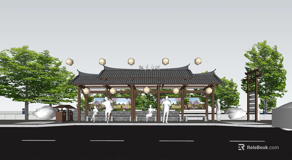 Roadside Facilities Featuring Traditional Pavilion Ornamental Lanterns Green Trees Seating Areas And Pedestrians 3d model 