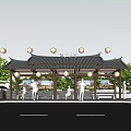 Roadside Facilities Featuring Traditional Pavilion Ornamental Lanterns Green Trees Seating Areas And Pedestrians