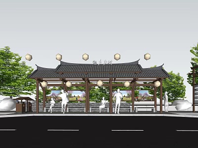 Roadside Facilities Featuring Traditional Pavilion Ornamental Lanterns Green Trees Seating Areas And Pedestrians 3d model