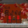Traditional Chinese Festive Photo Spot with Red Lanterns Fortune Characters and Decorative Flowers