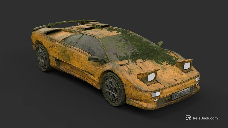 Old Yellow Sports Car Covered With Moss And Rust Vintage Exterior 3d model 