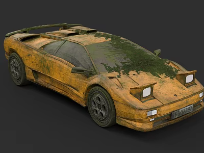 Old Yellow Sports Car Covered With Moss And Rust Vintage Exterior 3d model