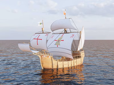 Ancient Wooden Sailing Ship With White Sails And Red Crosses On The Sea 3d model